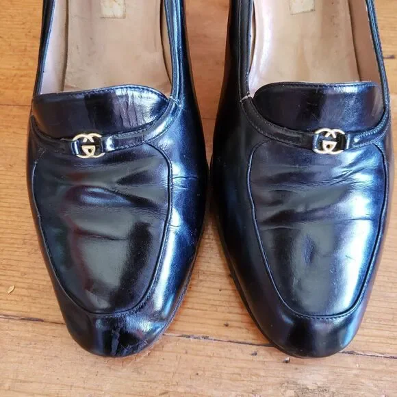 Vintage GUCCI Italy GG Logo Black Slip On Heel Shoes 36 1/2B US 6 Almond Toe - Picture 15 of 16